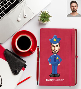 Kişiye Özel Polis Karikatürlü Kırmızı Defter Kalem Hediye Seti  Bay-1
