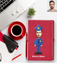Kişiye Özel Polis Karikatürlü Kırmızı Defter Kalem Hediye Seti  Bay-1