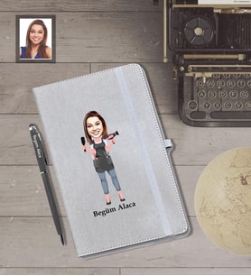 Kişiye Özel Kuaför Bayan Karikatürlü Gri Defter Kalem Hediye Seti   Mod-2