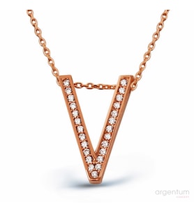 Zirkon Taşlı Gümüş V Harfi Kolye - N091501 (Rose)