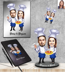 Kişiye Özel Aşçı Sevgili Karikatürlü 5 li Hediye Seti Model-1