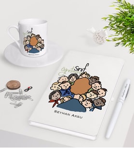 BK Gift Kişiye Özel Sınıf Öğretmeni Beyaz Defter Kalem Türk Kahvesi Fincanı Seti-3 (Model 1)