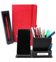 Kişiye Özel Kırmızı Defter & Roller Kalem & Masaüstü Telefonlu Kalemlik Hediye Seti (Model 1)