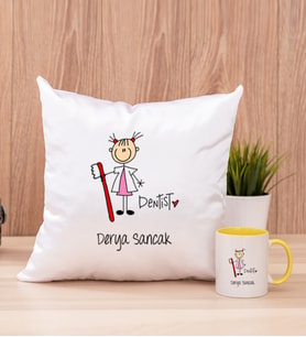 Bayan Diş Hekimi Karikatürü Kare Yastık ve Sarı Kupa Bardak