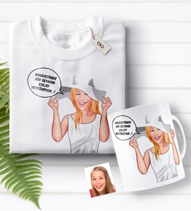 BK Gift Kişiye Özel Bayan Kolay Yetişmiyor Karikatürlü Beyaz Tişört ve Kupa Seti-6 (Model 1)
