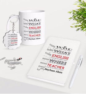BK Gift Kişiye Özel İngilizce Öğretmeni Kupa Anahtarlık Beyaz Defter Kalem Hediye Seti-7 (Model 1)