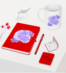 Kadınlar Gününe Özel Kırmızı Defter Kalem Kupa Ayna Seti - 16