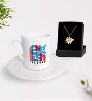 BK Gift Kişiye Özel İngilizce Öğretmeni Türk Kahvesi Fincanı ve İsimli Papatya Kolye Hediye Seti-10 (Model 1)