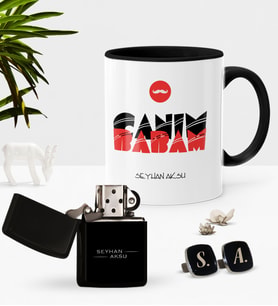 BK Gift Kişiye Özel Canım Babam Siyah Kupa Çakmak Kol Düğmesi Seti-5 (Model 1)