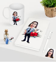 BK Gift Kişiye Özel Bayan Polis Karikatürlü Beyaz Defter Kalem Kupa Seti (Model 1)