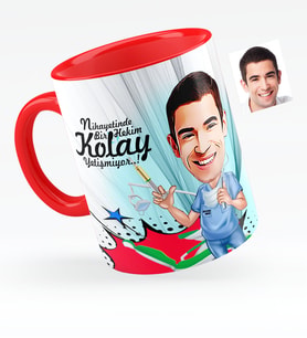 BK Gift Kişiye Özel Bay Diş Hekimi Karikatürlü Kırmızı Kupa Bardak  4