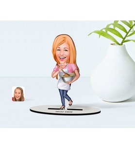 BK Gift Kişiye Özel Kadın Chef Karikatürlü Ahşap Biblo Model-2 (Beyaz)