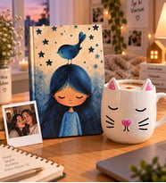 Kişiye Özel Fotoğraflı Kedi Kupa & Yıldızlı Peri Kızı Defter