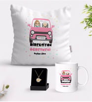 BK Gift Kişiye Özel Direksiyon Öğretmeni Beyaz Kupa Yastık ve İsimli Papatya Kolye Hediye Seti (Model 1)