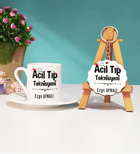 Acil Tıp Teknisyeni Tasarımlı Kişiye Özel Hediye Acil Tıp Teknisyeni Türk Kahvesi Fincanı ve Anahtarlık Seti