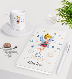 BK Gift Kişiye Özel Evin Perisi Beyaz Defter Kalem Türk Kahvesi Fincanı Seti-1 (Model 1)