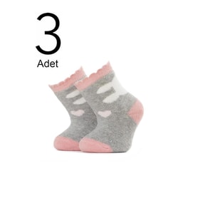 3'lü Bebek  Tavşan Desenli Havlu Çorap 1410-A3 (Pembe)