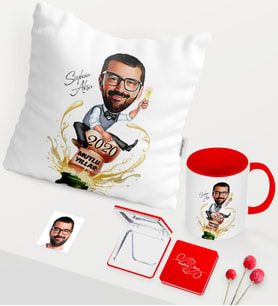BK Gift Kişiye Özel Yılbaşı Temalı Bay Karikatürlü Kırmızı Kupa Ayna Yastık Seti - 6