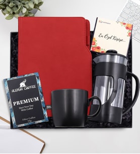 Kişiye Özel Kırmızı Termo Deri Ajanda & Siyah French Press & Siyah Mat Kupa & Alerya Premium Filtre Kahve Hediye Seti