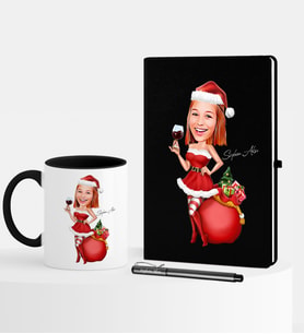 BK Gift Kişiye Özel Yılbaşı Temalı Bayan Karikatürlü Siyah Defter Kalem Kupa Seti - 1