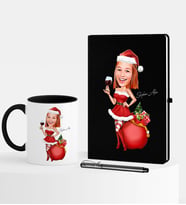 BK Gift Kişiye Özel Yılbaşı Temalı Bayan Karikatürlü Siyah Defter Kalem Kupa Seti - 1