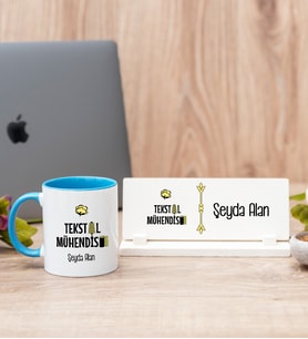 Tekstil Mühendisi Mavi Kupa Bardak Ve Masa İsimliği Hediye Seti