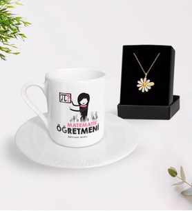 BK Gift Kişiye Özel Matematik Öğretmeni Türk Kahvesi Fincanı ve İsimli Papatya Kolye Hediye Seti-1 (Model 1)
