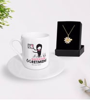 BK Gift Kişiye Özel Matematik Öğretmeni Türk Kahvesi Fincanı ve İsimli Papatya Kolye Hediye Seti-1 (Model 1)