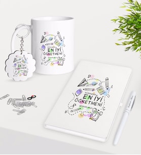 BK Gift Kişiye Özel Dünyanın En İyi Öğretmeni Kupa Anahtarlık Beyaz Defter Kalem Hediye Seti-8 (Model 1)