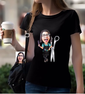 BK Gift Kişiye Özel Bayan Kuaför Karikatürlü Siyah T-Shirt