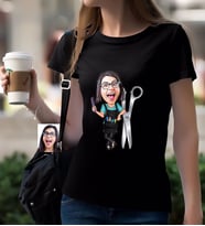 BK Gift Kişiye Özel Bayan Kuaför Karikatürlü Siyah T-Shirt
