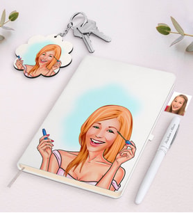 BK Gift Kişiye Özel Kadın Karikatürlü Beyaz Defter Kalem ve Anahtarlık Hediye Seti-21 (Model 1)