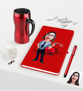 BK Gift Kişiye Özel Bayan Polis Karikatürlü Kırmızı Defter Kalem Termos Mug Seti (Model 1)