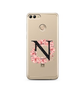 Pembe Çiçekli Harf Tasarım Süper Şeffaf Silikon Telefon Kılıfı Huawei Y9 2018 N-