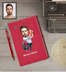 Kişiye Özel Golfçü Karikatürlü  Kırmızı Defter Kalem Hediye Seti Bay-3