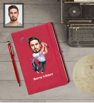 Kişiye Özel Golfçü Karikatürlü  Kırmızı Defter Kalem Hediye Seti Bay-3