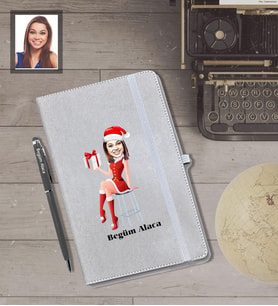 Kişiye Özel Yılbaşı Bayan Karikatürlü Gri Defter Kalem Hediye Seti Model-5