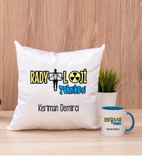 Radyoloji Teknikeri Kare Yastık ve Mavi Kupa Bardak