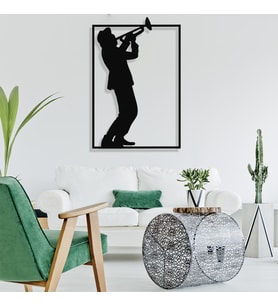 New Jargon - Çerçeve İçinde Saksafon Çalan Şapkalı Adam Tasarım Metal Tablosu 70x46cm (Siyah)