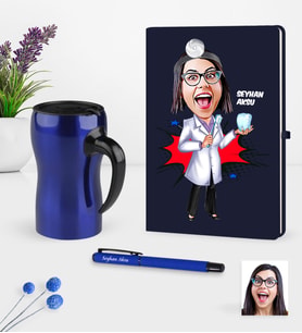 BK Gift Kişiye Özel Bayan Diş Hekimi Karikatürlü Lacivert Defter Kalem Termos Mug Seti-2 (Model 1)