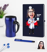 BK Gift Kişiye Özel Bayan Diş Hekimi Karikatürlü Lacivert Defter Kalem Termos Mug Seti-2 (Model 1)