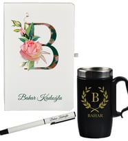 Kişiye Özel Harf Tasarımlı Hediye Defter Kalem Ve Siyah Termos Mug Seti