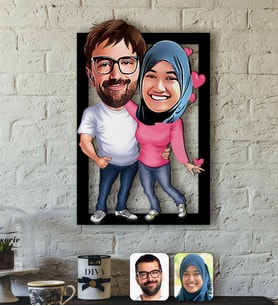 BK Gift Kişiye Özel Tesettürlü Sevgililer Karikatürlü 3D Ahşap Tablo-58
