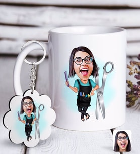 BK Gift Kişiye Özel Bayan Kuaför Karikatürlü Beyaz Kupa ve Anahtarlık Hediye Seti-1 (Model 1)