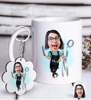 BK Gift Kişiye Özel Bayan Kuaför Karikatürlü Beyaz Kupa ve Anahtarlık Hediye Seti-1 (Model 1)