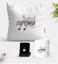BK Gift Kişiye Özel Sınıf Öğretmeni Beyaz Kupa Yastık ve İsimli Papatya Kolye Hediye Seti-16 (Model 1)