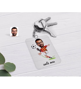 BK Gift Kişiye Özel Erkek Sarı Kırmızı Futbolcu Karikatürlü Şeffaf Pleksi Anahtarlık-1 (Beyaz)