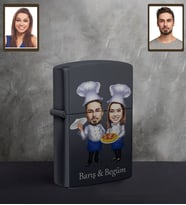 Kişiye Özel Aşçı Sevgili Karikatürlü UV Baskılı Siyah Benzinli Çakmak Model-1