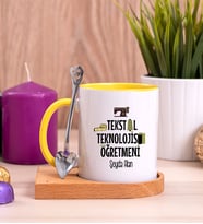 Tekstil Teknolojisi Öğretmeni Ahşap Altlıklı Sarı Kupa Bardak