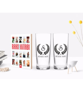 BK Gift Kişiye Özel Renkli Baskılı Çelenk Baş Harfli İsimli İkili Rakı Bardağı ve Rakı Cep Kitabı Hediye Seti-1 (Model 1)